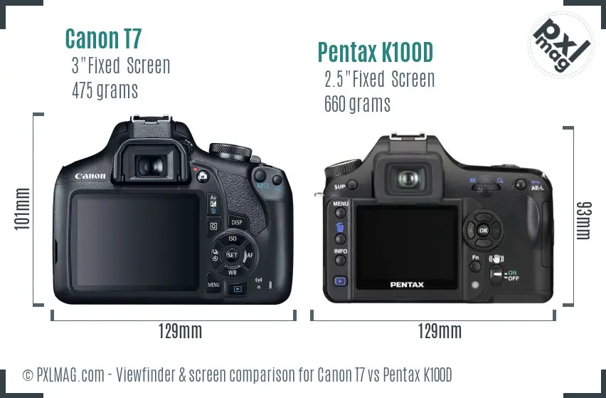 Canon T7 vs Pentax K100D Screen and Viewfinder comparison
