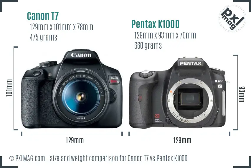 Canon T7 vs Pentax K100D size comparison