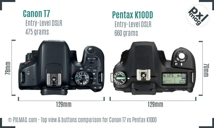 Canon T7 vs Pentax K100D top view buttons comparison