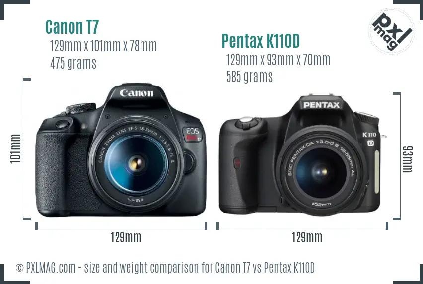 Canon T7 vs Pentax K110D size comparison