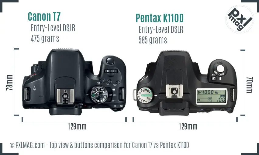 Canon T7 vs Pentax K110D top view buttons comparison