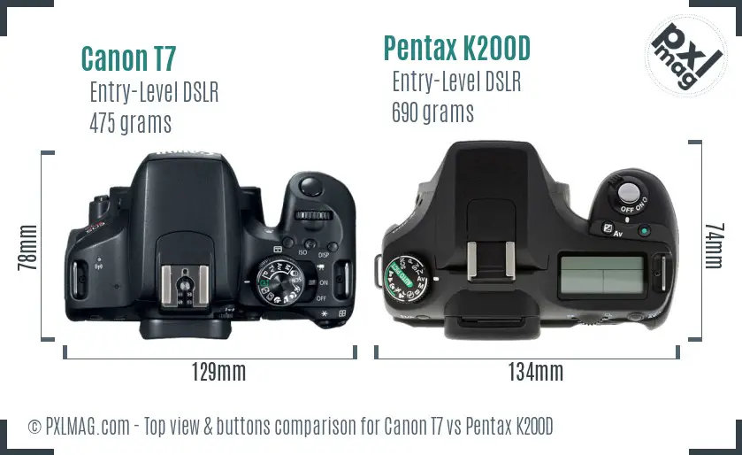 Canon T7 vs Pentax K200D top view buttons comparison