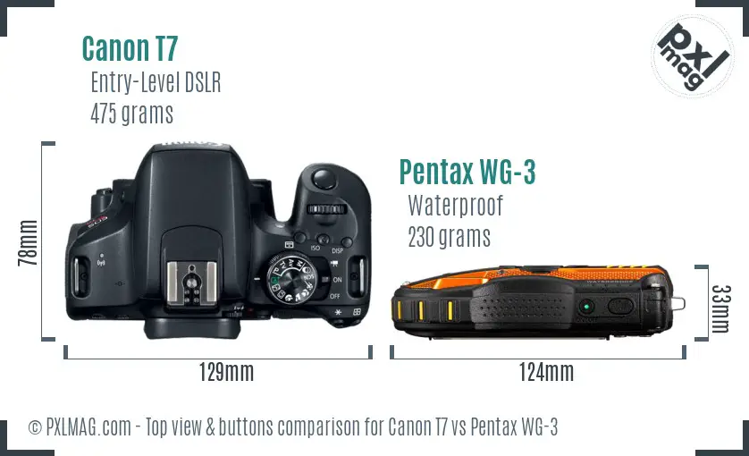 Canon T7 vs Pentax WG-3 top view buttons comparison