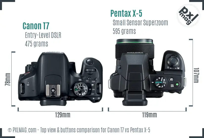 Canon T7 vs Pentax X-5 top view buttons comparison