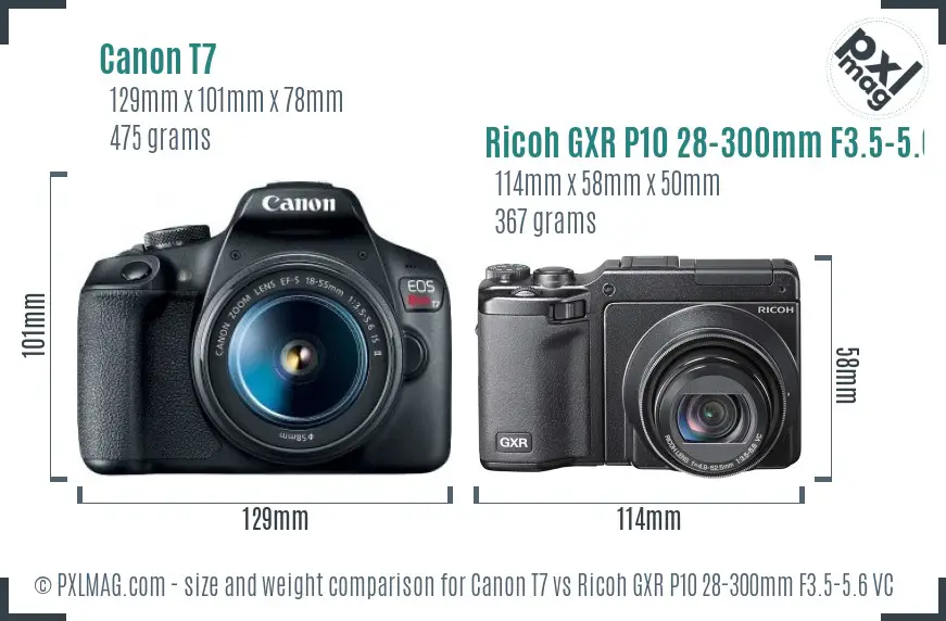 Canon T7 vs Ricoh GXR P10 28-300mm F3.5-5.6 VC size comparison
