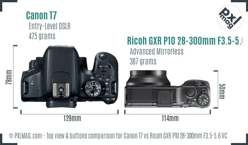 Canon T7 vs Ricoh GXR P10 28-300mm F3.5-5.6 VC top view buttons comparison