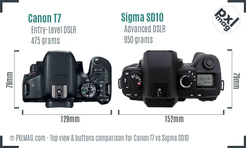 Canon T7 vs Sigma SD10 top view buttons comparison
