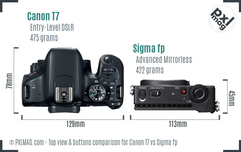 Canon T7 vs Sigma fp top view buttons comparison