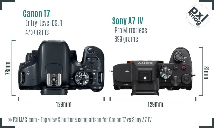 Canon T7 vs Sony A7 IV top view buttons comparison Canon T7 vs Sony A7 IV top view buttons comparison