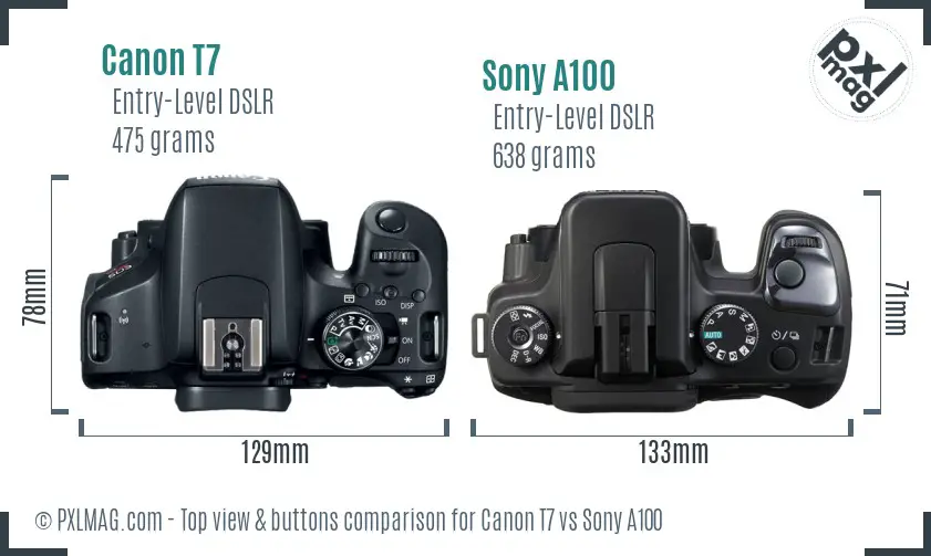 Canon T7 vs Sony A100 top view buttons comparison