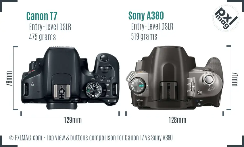 Canon T7 vs Sony A380 top view buttons comparison