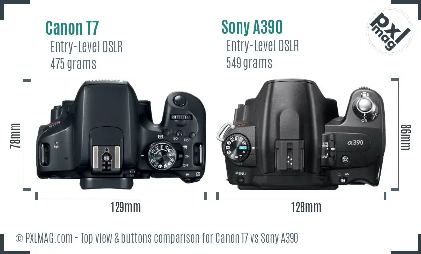 Canon T7 vs Sony A390 top view buttons comparison