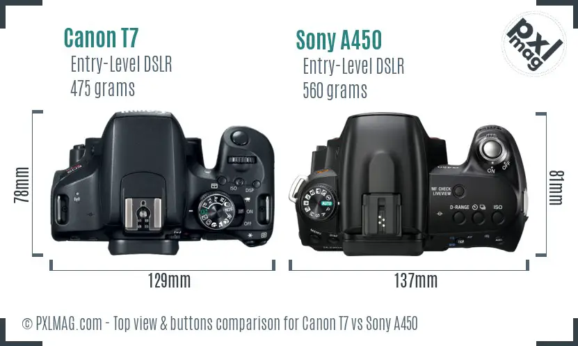 Canon T7 vs Sony A450 top view buttons comparison