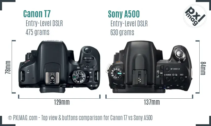 Canon T7 vs Sony A500 top view buttons comparison
