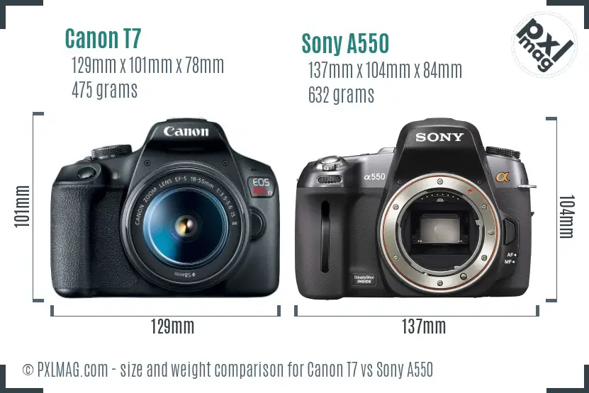 Canon T7 vs Sony A550 size comparison