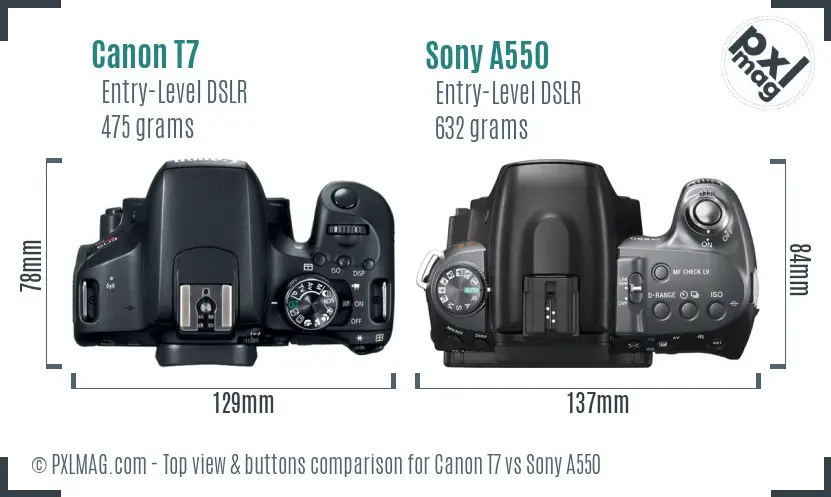 Canon T7 vs Sony A550 top view buttons comparison