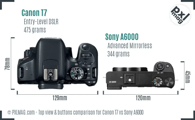 Canon T7 vs Sony A6000 top view buttons comparison