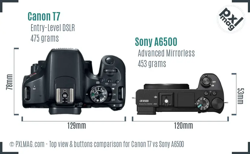 Canon T7 vs Sony A6500 top view buttons comparison