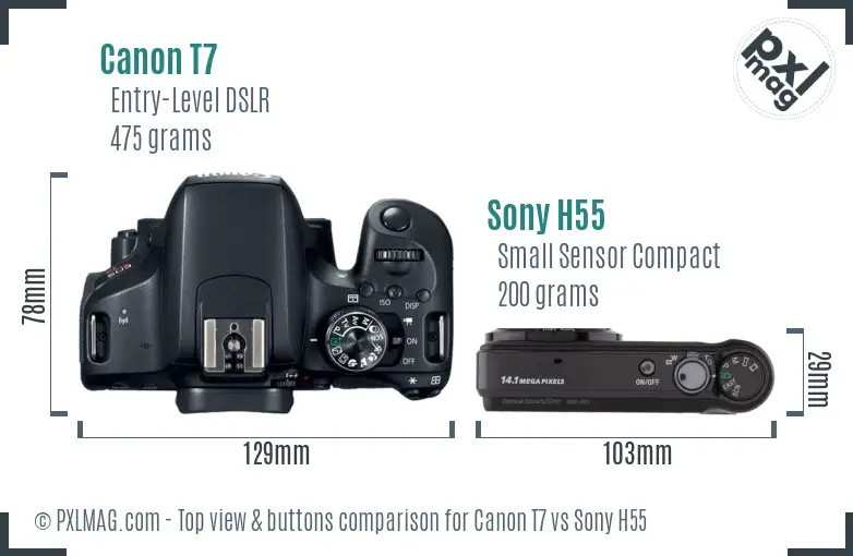 Canon T7 vs Sony H55 top view buttons comparison Canon T7 vs Sony H55 top view buttons comparison