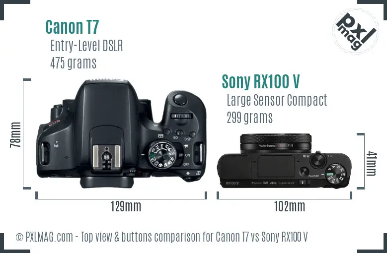 Canon T7 vs Sony RX100 V top view buttons comparison Canon T7 vs Sony RX100 V top view buttons comparison