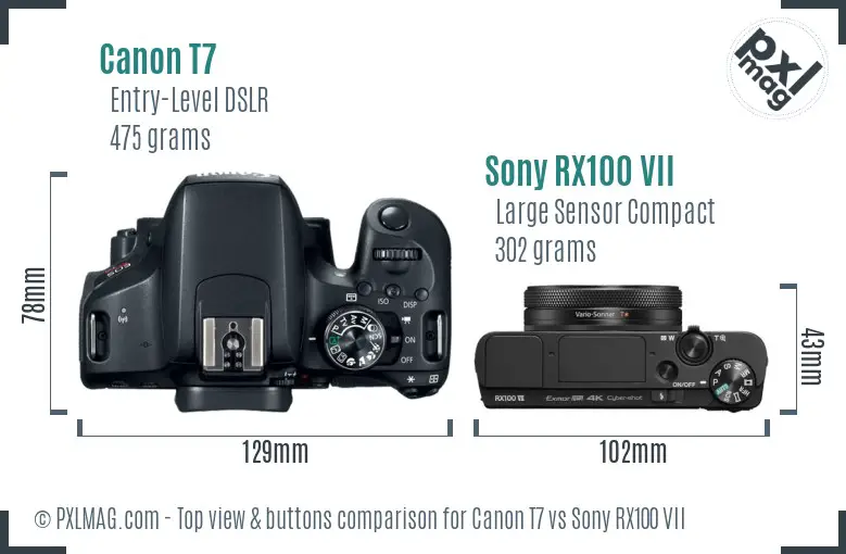 Canon T7 vs Sony RX100 VII top view buttons comparison Canon T7 vs Sony RX100 VII top view buttons comparison