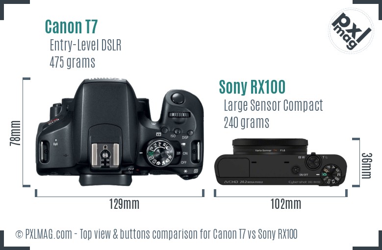 Canon T7 vs Sony RX100 top view buttons comparison