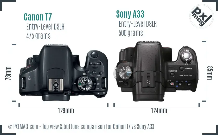 Canon T7 vs Sony A33 top view buttons comparison