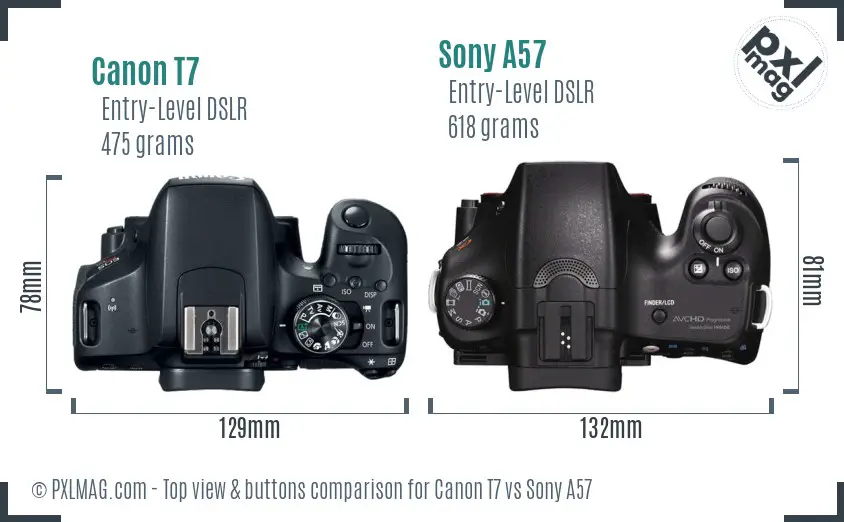 Canon T7 vs Sony A57 top view buttons comparison