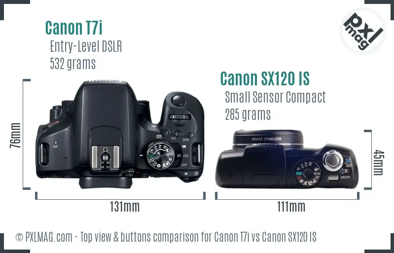 Canon T7i vs Canon SX120 IS top view buttons comparison