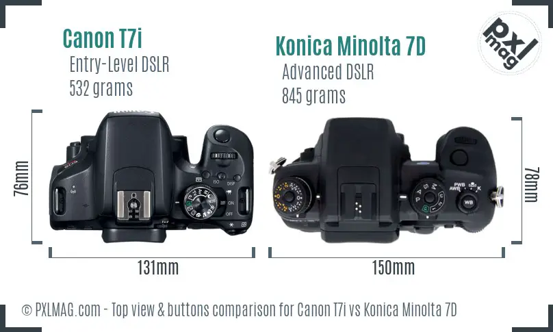 Canon T7i vs Konica Minolta 7D top view buttons comparison
