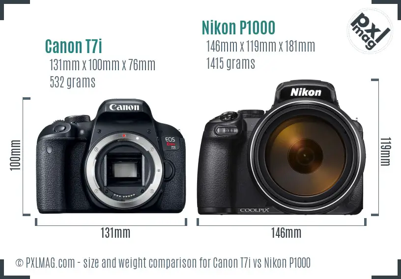 Canon T7i vs Nikon P1000 size comparison