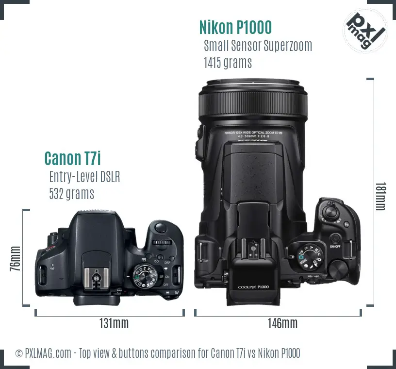 Canon T7i vs Nikon P1000 top view buttons comparison