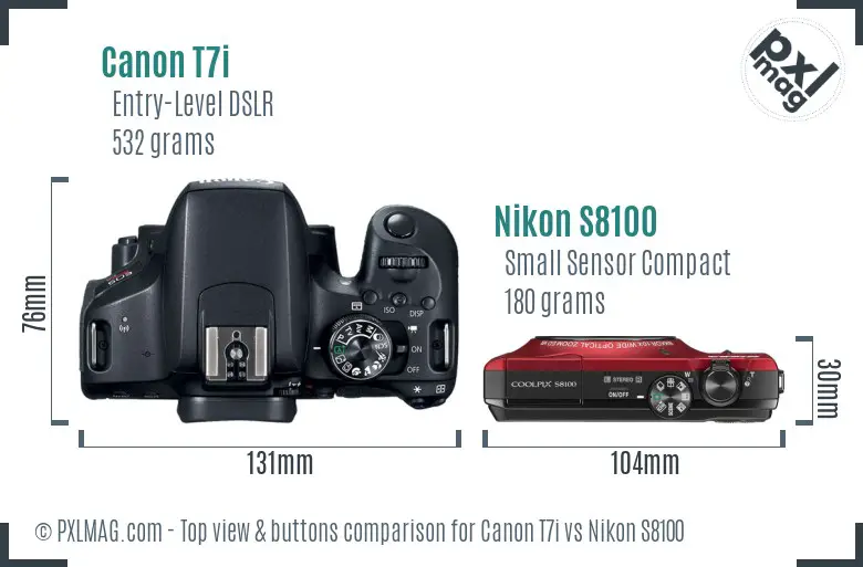 Canon T7i vs Nikon S8100 top view buttons comparison
