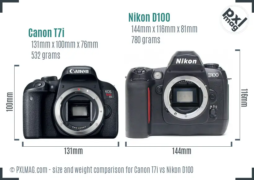 Canon T7i vs Nikon D100 size comparison