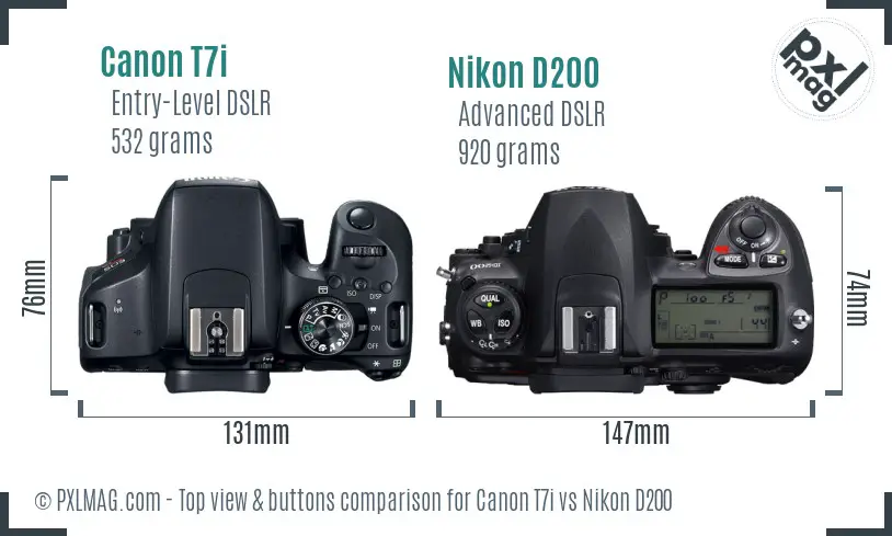 Canon T7i vs Nikon D200 top view buttons comparison