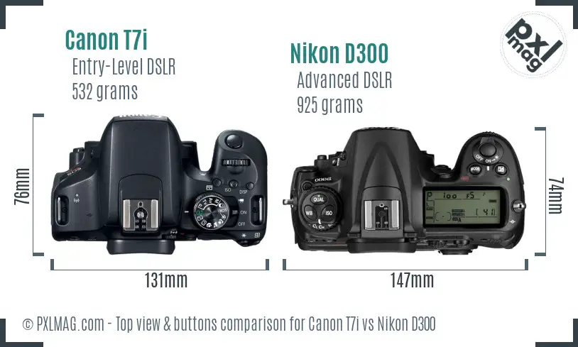 Canon T7i vs Nikon D300 top view buttons comparison