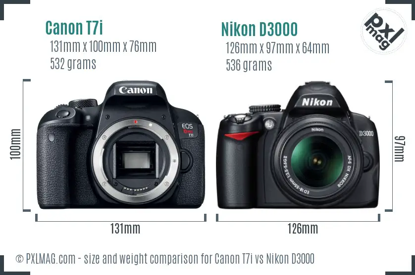 Canon T7i vs Nikon D3000 size comparison