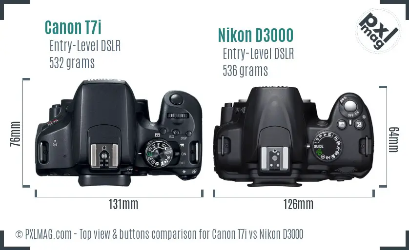 Canon T7i vs Nikon D3000 top view buttons comparison