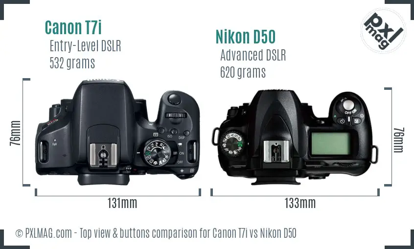 Canon T7i vs Nikon D50 top view buttons comparison