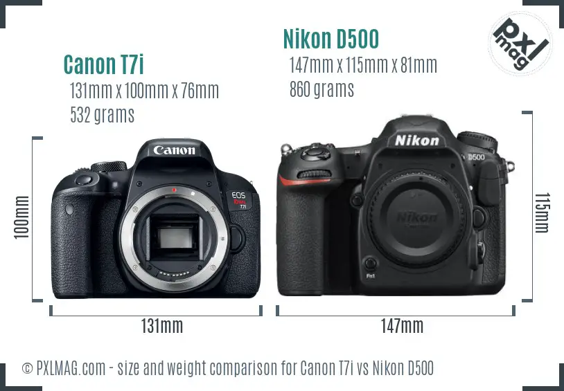 Canon T7i vs Nikon D500 size comparison