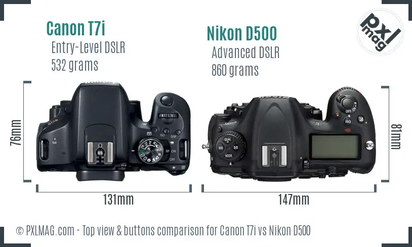 Canon T7i vs Nikon D500 top view buttons comparison