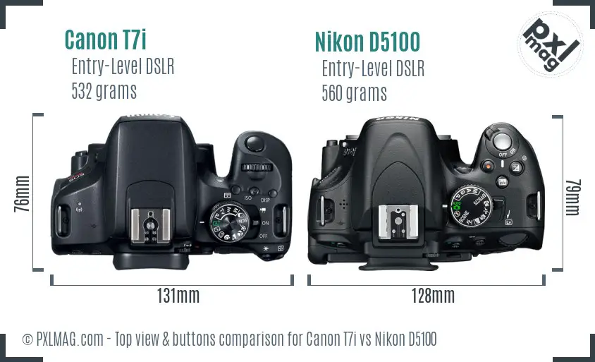 Canon T7i vs Nikon D5100 top view buttons comparison
