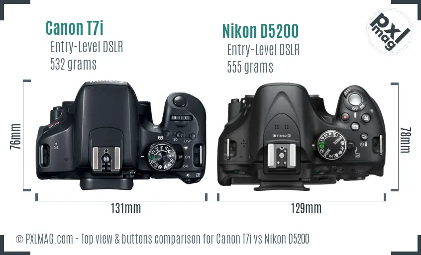 Canon T7i vs Nikon D5200 top view buttons comparison