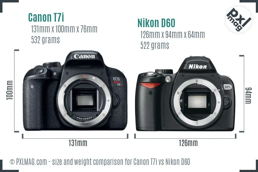 Canon T7i vs Nikon D60 size comparison
