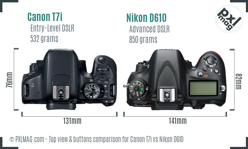 Canon T7i vs Nikon D610 top view buttons comparison