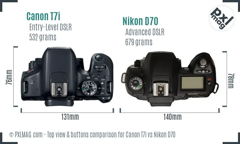 Canon T7i vs Nikon D70 top view buttons comparison