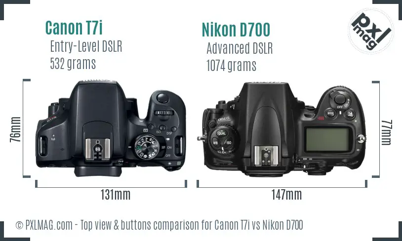 Canon T7i vs Nikon D700 top view buttons comparison