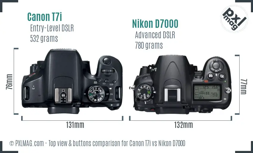 Canon T7i vs Nikon D7000 top view buttons comparison
