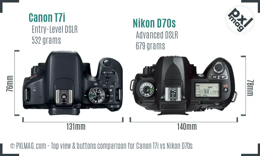 Canon T7i vs Nikon D70s top view buttons comparison