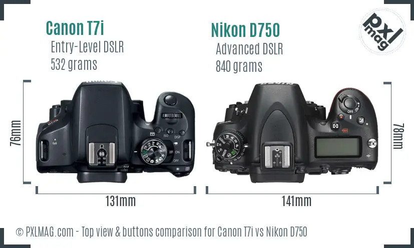 Canon T7i vs Nikon D750 top view buttons comparison